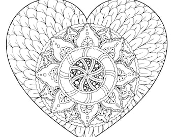 Heart Mandala Adult Coloring Page - Instant Downloadable Image - Digital Download Printable