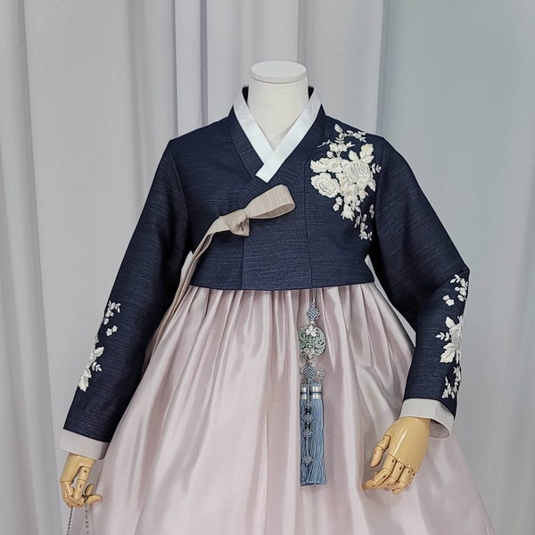 Woman Hanbok  Dress Korea Traditional Clothes Set Wedding Ceremony Birthday Custom Order CUSTOM-MADE Navy Embroidery DDA048