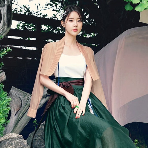 Modern Hanbok Fancy Dress See-through Jacket Top  Woman Female Korea Hanbok Dress Casual Daily Orange Jacket Green Dress