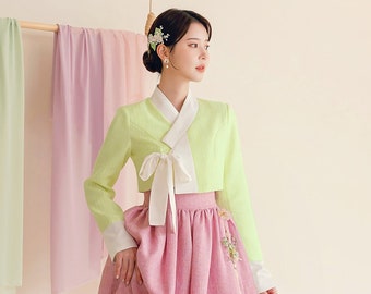 Modern Hanbok Pink Dress Fancy Colors Light Green Tweed Jacket Woman Female Korea Hanbok Dress Casual Daily