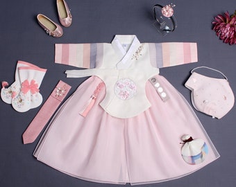 Girl Baby Hanbok Korean Traditional Dress First Birthday Party Celebration Hanbok Clothing Set 100th days Birth Lovely Pink to 10 Ages