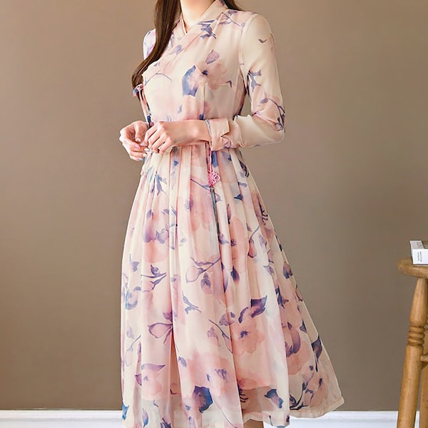 Modern Hanbok Dress Lovely Pink Flower  Blue Wrapped Skirt Woman Female Korea Hanbok Dress Casual Daily