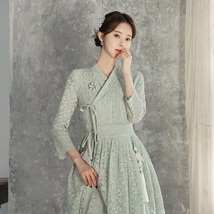 Korea Moderne Hanbok Kleid Damen Weiblich Mädchen Junior Täglich Party Kleid Modernisierter Hanbok Jade Farbe Spitze-Gewebe