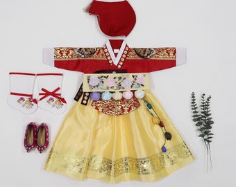 Hanbok Baby Girl Korea Traditional Dress Red Yellow with Print Patch Dolbok 1st Birthday Party Celebration 1-15 Ages