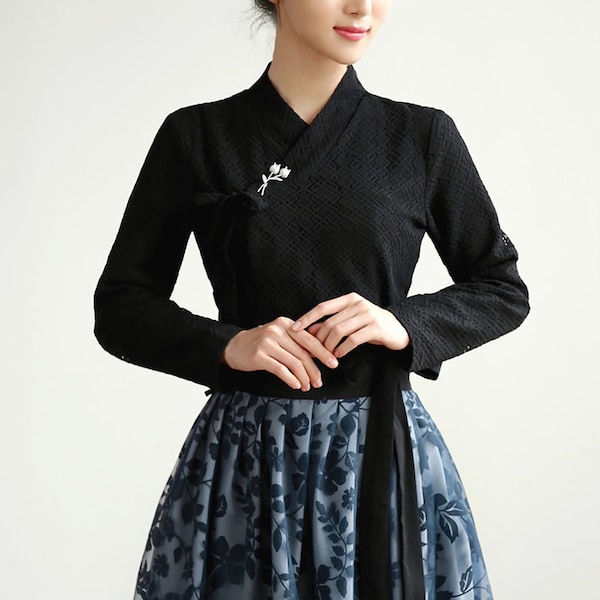 Moderne Hanbok Jeogori 저고리 Jupe Corée Traditional Design Mom Hanbok Dol Party Daily Casual Clothing Black Jaquard