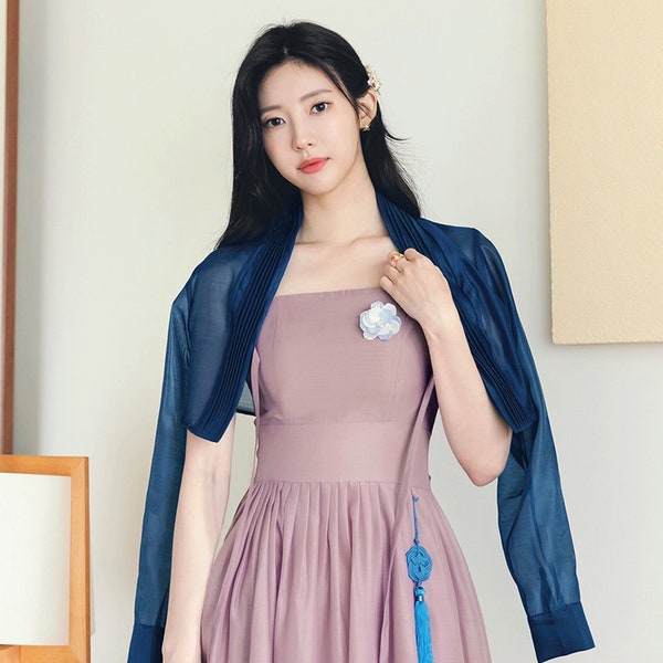 Modern Hanbok Fancy Dress See-through Jacket Top  Woman Female Korea Hanbok Dress Casual Daily Navy Jacket Pink Dress