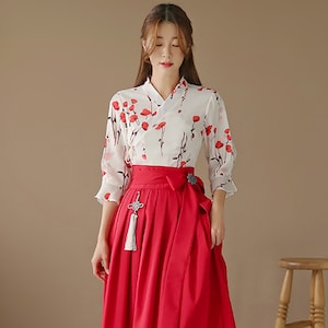 Modern Hanbok Dress Red Flower  Woman Female Korea Hanbok Dress Casual Daily Mom's hanbok Dol Party Wrapped Red Skirt