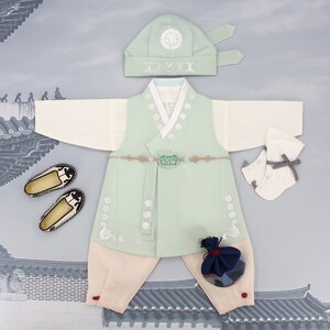 Boy Baby Hanbok First Birthday Party Celebrations Korean Traditional costumes  Dol Pastel Mint Silver Print 100th Days Baikil 1-10 Years