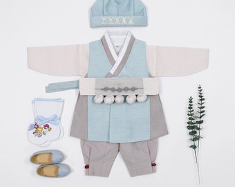 Korean Hanbok Boy Baby Korea Traditional Clothing Set 1 Age First Birthday Dol Party Celebration Pastel Blue 5 Items