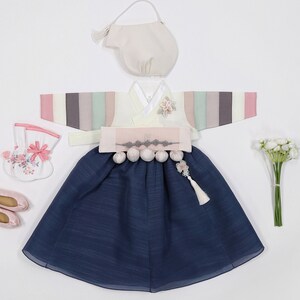 Korean Hanbok Dress Baby Girl First Birthday Party Dress 100th birth days to 15 Ages Ivory saekdong Navy