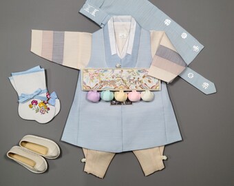 Korean Hanbok Pastel Blue Clothing Boy Baby Junior Hanbok Set First Birthday Dol Party Celebrations 100th Days to 10 Ages