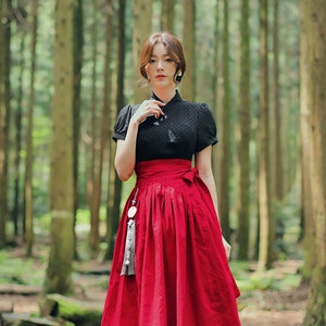 Modern Hanbok Dress Black Red Wrapped Skirt Woman Female Korea