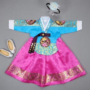 Korea Hanbok Baby Girl Traditional Dress Queen Princess Design 1 age - 15 ages First Birthday Party Celebration Gold Print Aqua Pink