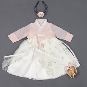 Lovely See through Flower Painting Skirt Korean Hanbok Dress Baby Girl First Birthday Party Dress 100th birth days to 8 Ages