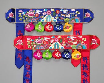 Hanbok Belt Red Blue Embroidery Korea Traditional Costumes Baby Girl Boy Kids Hanbok Accessory Doltti