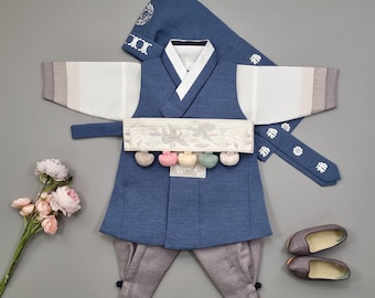Ensemble de vêtements traditionnels coréens pour bébé garçon Hanbok Fête du premier anniversaire Célébration du 100e anniversaire 1-10 ans Bleu bébé