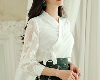 Modern Hanbok Jeogori Jacket Woman Female Korea Hanbok Dress Casual Daily White Butterfly Design CHIC