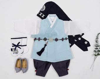 Korean Hanbok Boy Baby Korea Traditional Clothing Set 1-8 Ages First Birthday DOL Party Celebration 100th birth days BAIKIL Sky Blue