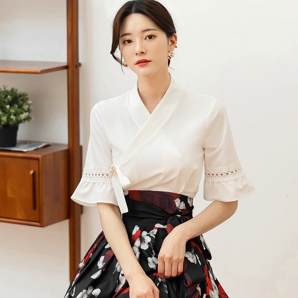 Women's Modern Hanbok Jeogori Top Blouse White Black Flower Skirt Korea Casual Daily Hanbok Clothing Mom hanbok
