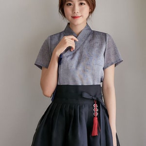 Hanbok Woman Blouse Jeogori Jacket Short Sleeve Korea Modern Daily Casual Party Clothing Dol Party Dark Grey