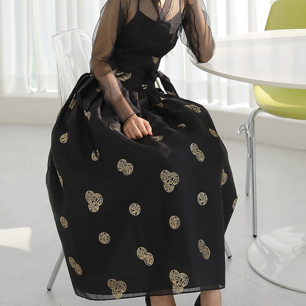 Modern Hanbok Skirt Black Gold Print Black See Through Blouse Jeogori Dol Party Mom Junior Daily Hanbok Clothing