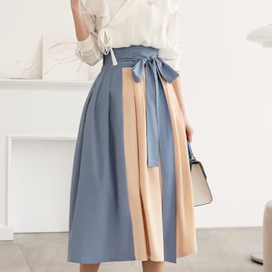 Modern Hanbok Skirt Woman Female Korea Hanbok Casual Daily Wrapped Design Blue Beige Color Combination