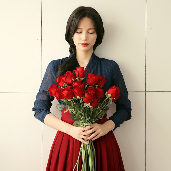 Modern Hanbok Korea Dress Women's Female Girl Junior Daily Party Dress Modernized Hanbok Dress Midi Length Navy
