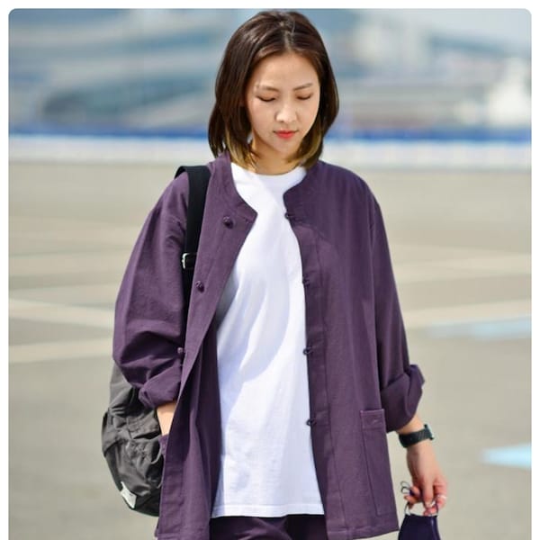 Man Woman Common Use Modern Hanbok Jacket Pants Set 100 % Cotton Washed BTS Clothing Easy Daily Purple 24014
