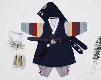 Hanbok Boy Baby Korea Traditional Clothing Set 1 Age First Birthday Dol Party Celebration 6 items Dark Navy Saekdong on Sleeve