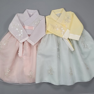 Sisters Beautiful Hanbok Dress Baby Girl Korea Traditional Costumes First Birthday Party Wedding Light Grey Coral Yellow Mint Beads 1-8 Ages