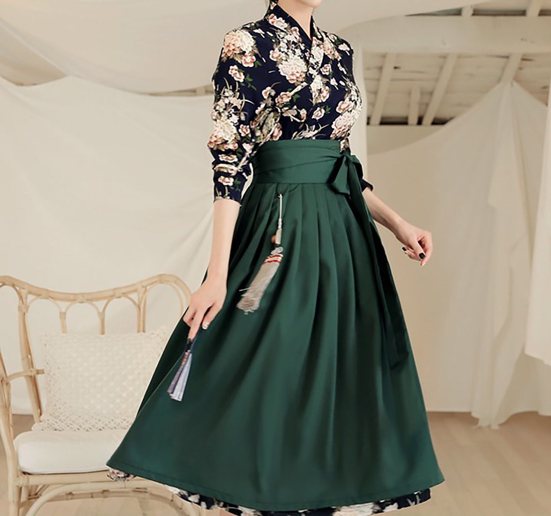 Modern Hanbok Dress Navy Flower Lovely Green Wrapped Skirt - Etsy