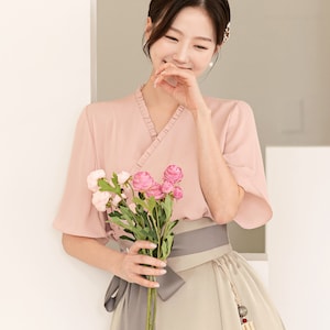 Women's Modern Hanbok Jeogori Blouse Pink Short Sleeve Beige Skirt Korea Casual Daily Hanbok Clothing Mom hanbok