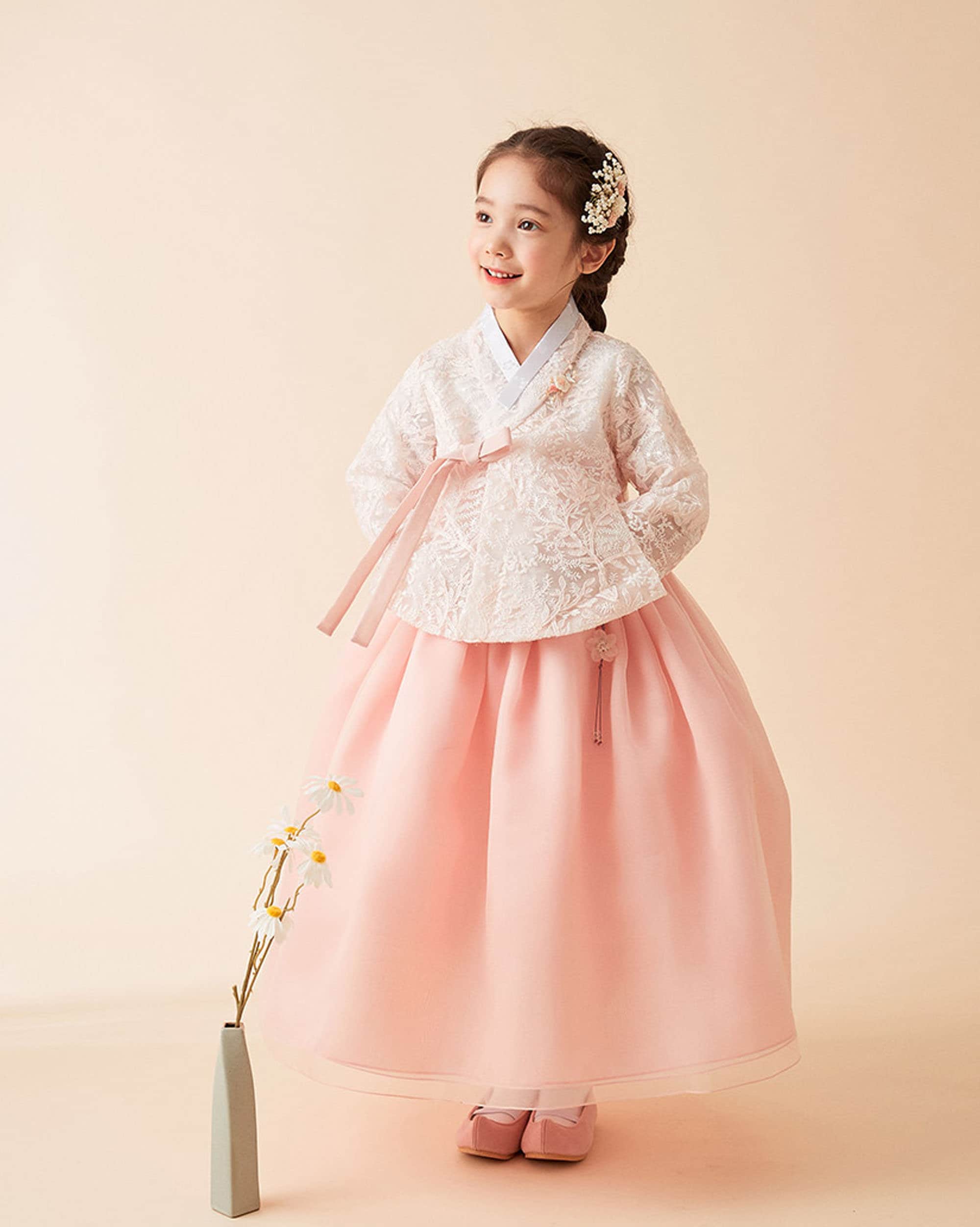 Hanbok Dress Hat Cap Korea Traditional Clothes Baby Kid First Birthday Party Dol Dohl flower embroidery Pink