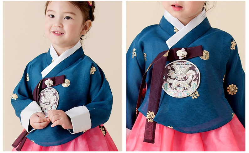 Hanbok Dress Korean Traditional First Birthday Party Celebration Baby Girl Hanbok 100th days to 8 Ages Navy Green Gold Print