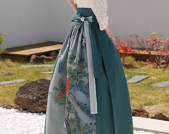 Modern Hanbok Skirt Korea Dress Woman Female One size Wrapped Skirt traditional Painting