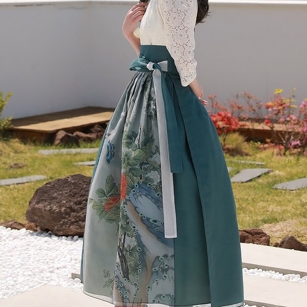 Modern Hanbok Skirt Korea Dress Woman Female One size Wrapped Skirt traditional Painting