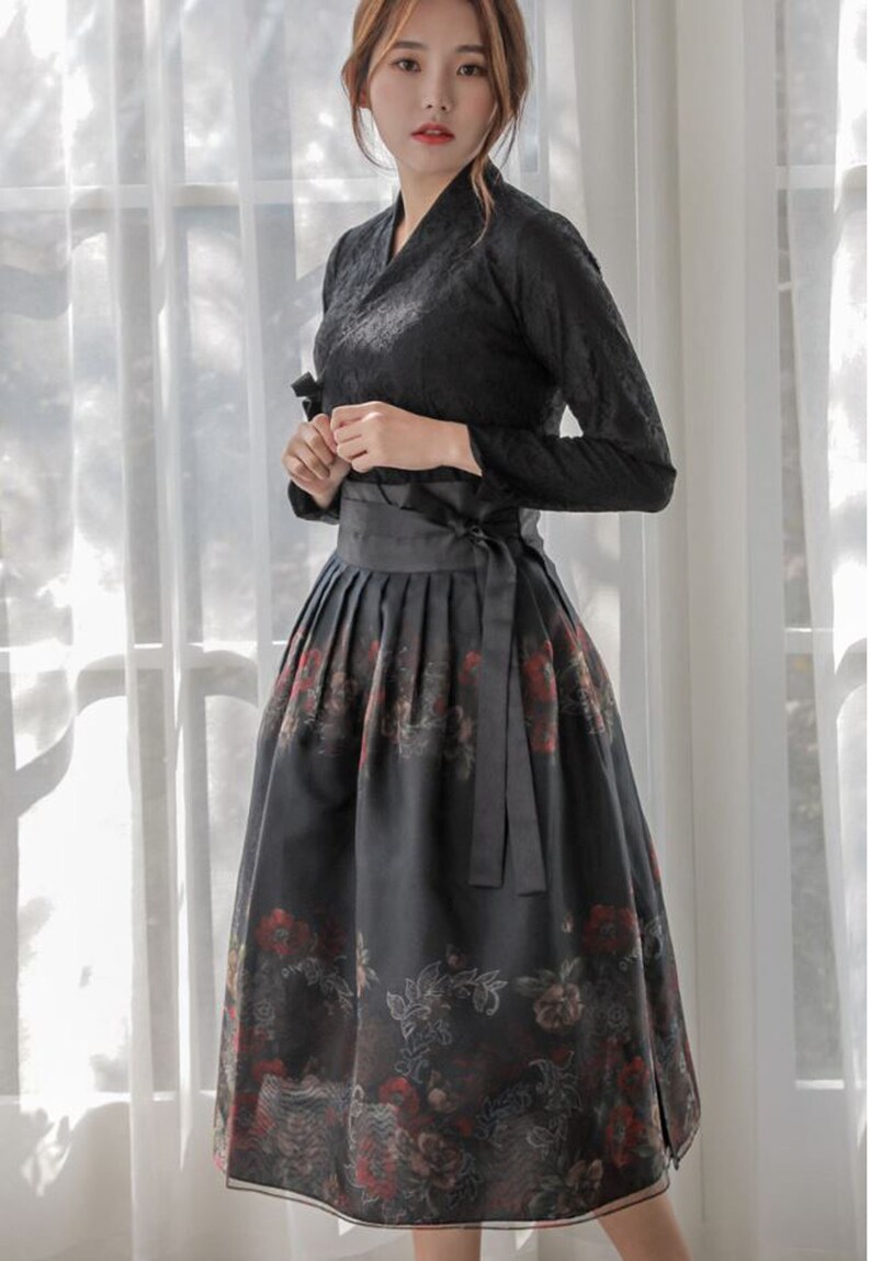 Modern Hanbok Skirt Black Flower Woman Female Korea Hanbok | Etsy