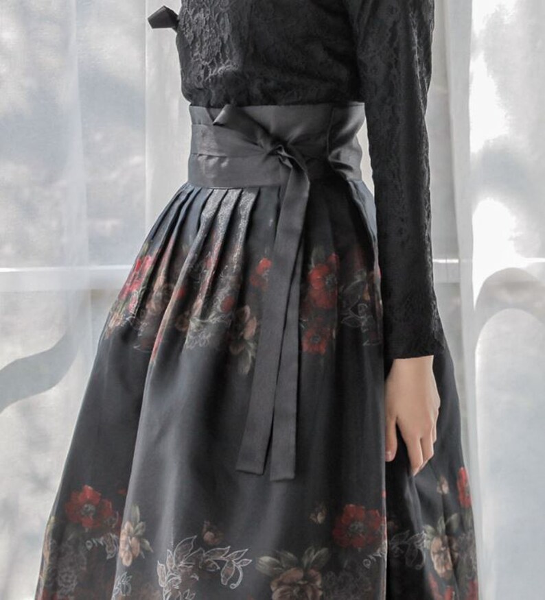 Modern Hanbok Skirt Black Flower Woman Female Korea Hanbok | Etsy