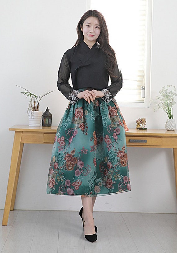 Moderno Hanbok Top Jeogori Chaqueta Negro Flor Verde Falda Casual