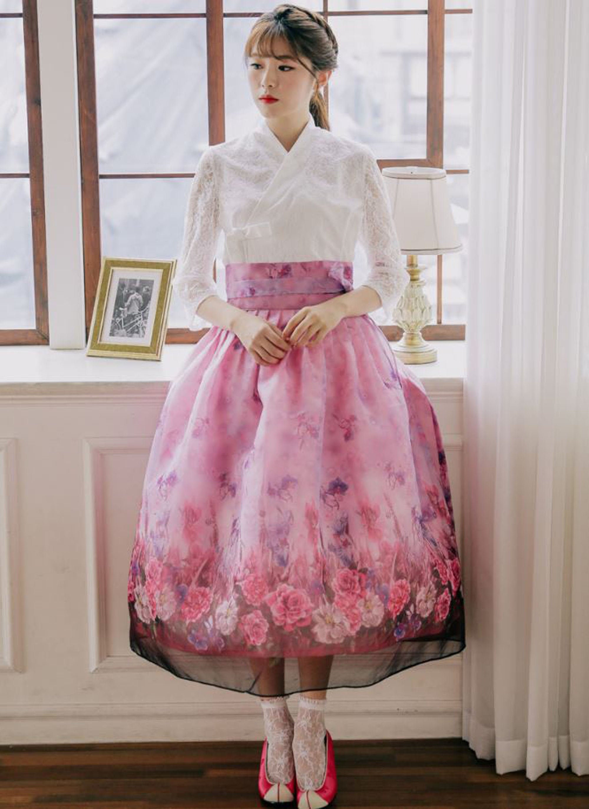 Modern Hanbok Skirt Pink Flower Garden 