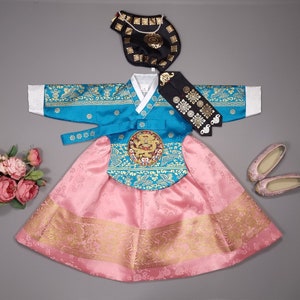 Hanbok 1 Age Dol Party 100 Days Baikil Baby Girl Korea Traditional Dress Aqua Pink Gold Print