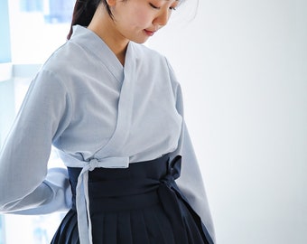 Hanbok Woman Jeogori Jacket Korea Modern Daily Casual Party Clothing Light Blue Navy Skirt
