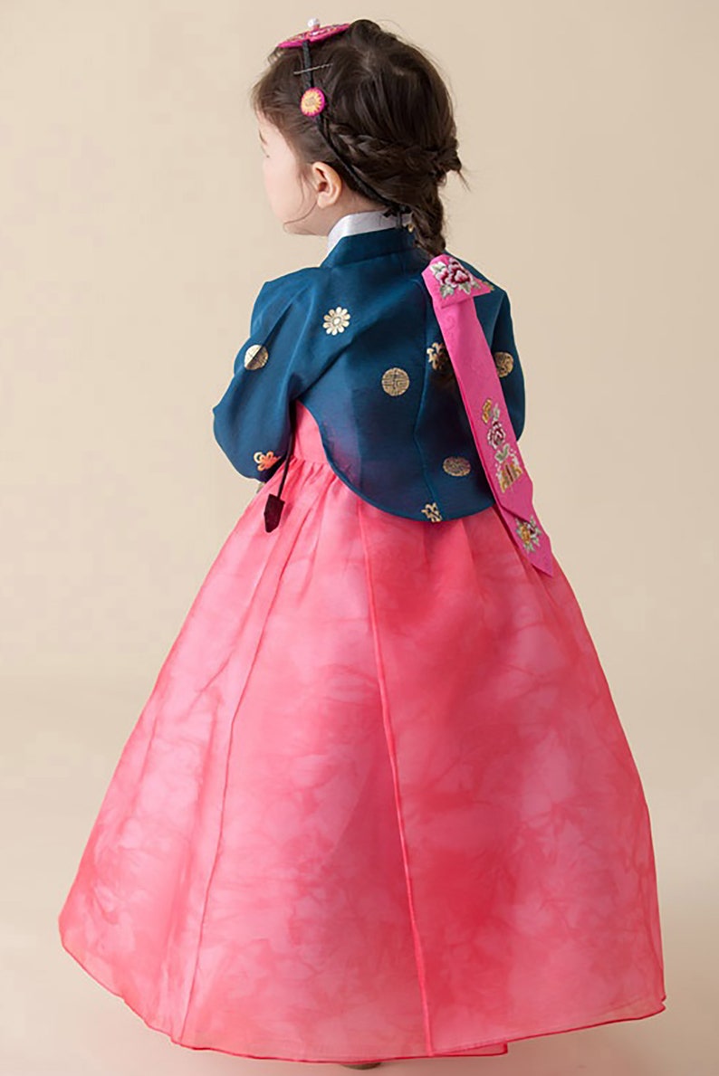 Hanbok Dress Korean Traditional First Birthday Party Celebration Baby Girl Hanbok 100th days to 8 Ages Navy Green Gold Print