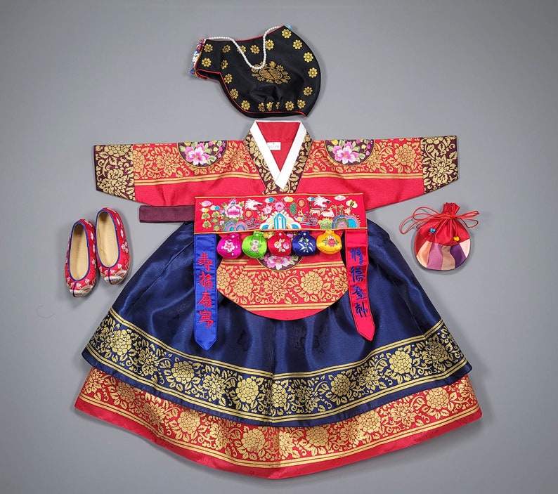 Korea Hanbok Baby Girl Traditional Dress Queen design 1 age 10 ages First Birthday Party Celebration Gold Print image 1