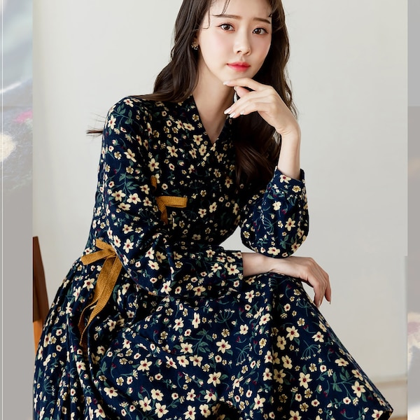 Robe hanbok moderne femme femme robe hanbok corée décontractée quotidienne marine fleur polaire automne hiver