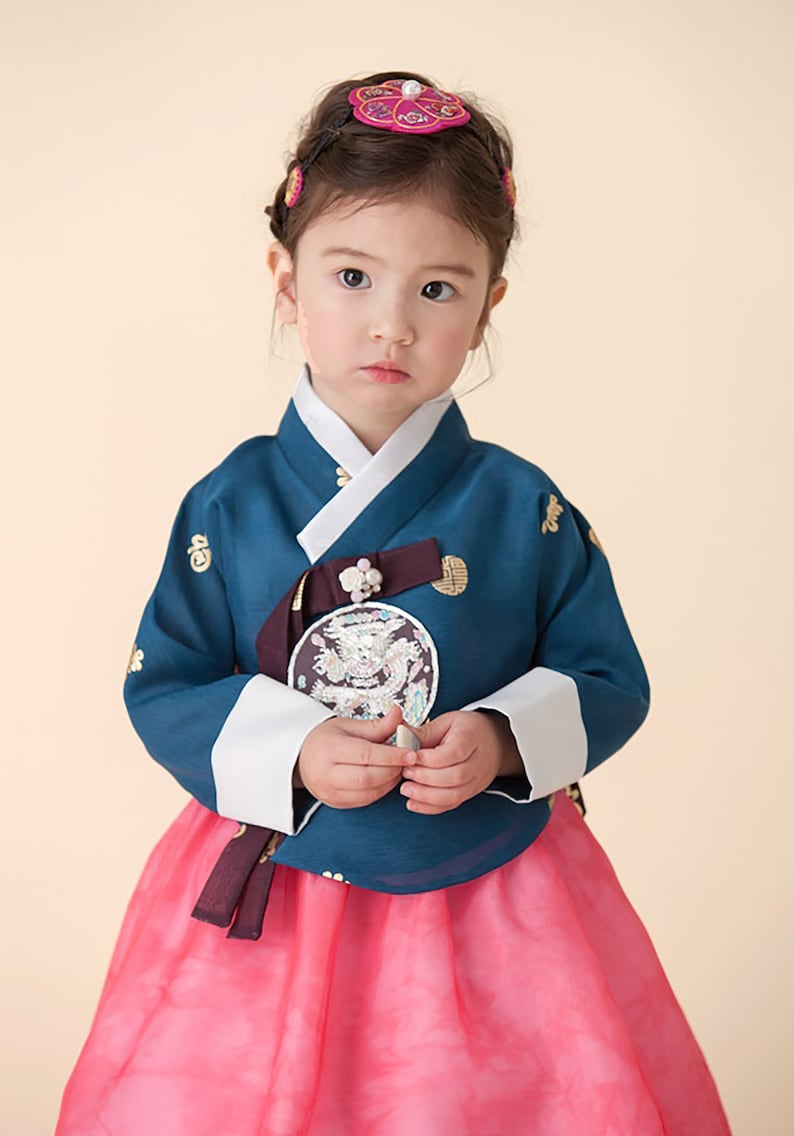 Hanbok Dress Korean Traditional First Birthday Party Celebration Baby Girl Hanbok 100th days to 8 Ages Navy Green Gold Print