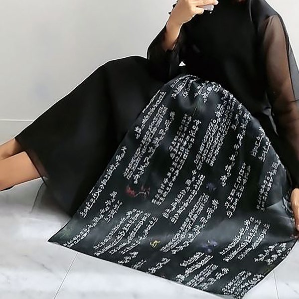 Modern Hanbok Skirt Chima Wrap Design Daily Traditional Casual Party Dress Clothing One size 한글 Korean Letters Design Black