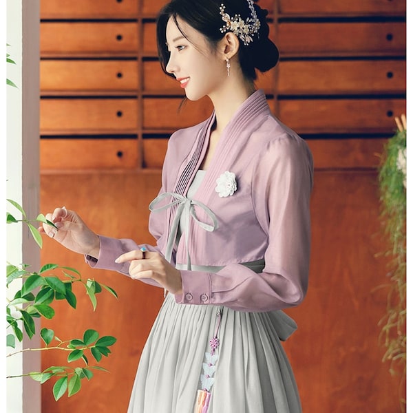 Modern Hanbok Fancy Dress See-through Jacket Top  Woman Female Korea Hanbok Dress Casual Daily Pink Jacket Gray Dress