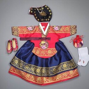 Korea Hanbok Baby Girl Traditional Dress Queen design 1 age 10 ages First Birthday Party Celebration Gold Print image 2