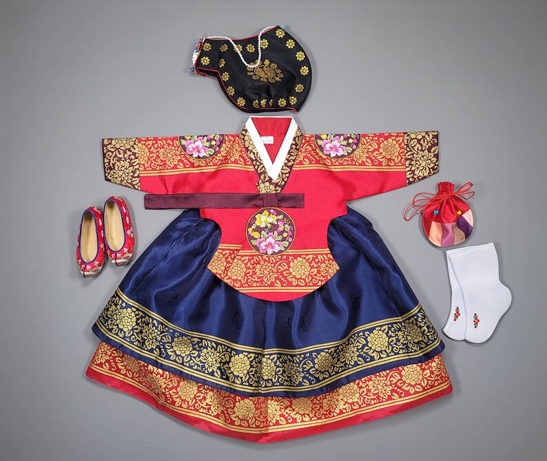 Korea Hanbok Baby Girl Traditional Dress Queen design 1 age 10 ages First Birthday Party Celebration Gold Print image 2